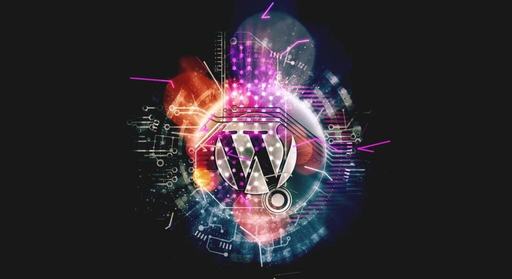 wordpress logo surrounded by techny lines and images